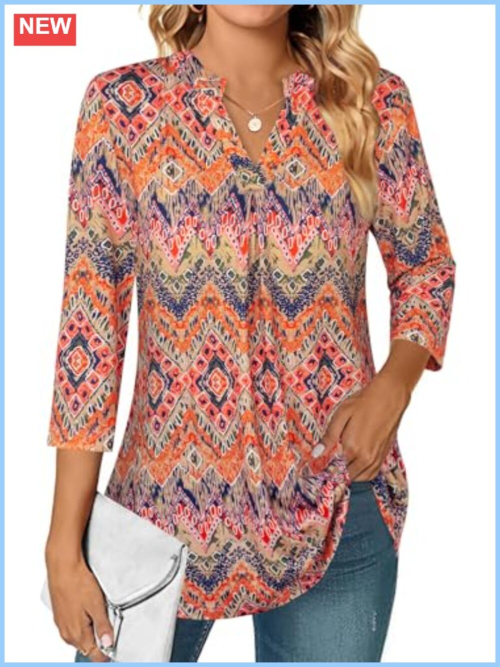 Womens 3/4 Sleeve V Neck Pleated Floral Blouse Business Casual Tunic Top